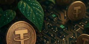 Moneta digitale USDT di Tether raffigurata come un gettone dorato piantato nel terreno, circondata da foglie verdi e microchip, a simboleggiare l’unione tra finanza digitale, sostenibilità e infrastrutture tecnologiche.