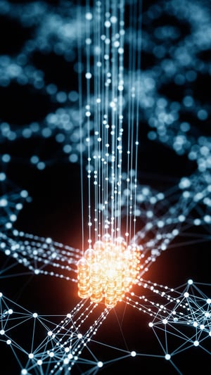 Visualizzazione astratta di una rete digitale con connessioni luminose, che convergono verso un nucleo centrale arancione brillante, simbolo di un punto focale di dati o un'intelligenza artificiale