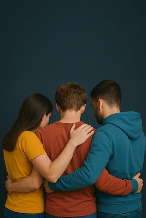 Tre ragazzi della Generazione Z, visti di spalle, si abbracciano in un gesto di conforto reciproco. Indossano magliette dai toni leggermente vivaci — giallo, rosso mattone e blu petrolio — su uno sfondo blu scuro sfumato che dona profondità e armonia all’immagine.