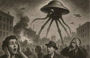 Illustrazione in bianco e nero in stile vintage anni ’30 che raffigura una scena di panico urbano durante un’invasione aliena