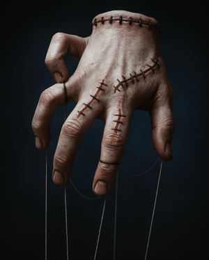 Una mano umana cucita con grosse suture, sospesa come una marionetta da fili sottili, su sfondo scuro. L’immagine evoca un’atmosfera inquietante e surreale.