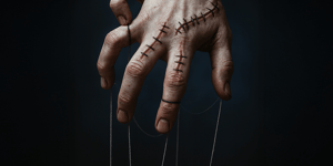 Una mano umana cucita con grosse suture, sospesa come una marionetta da fili sottili, su sfondo scuro. L’immagine evoca un’atmosfera inquietante e surreale.
