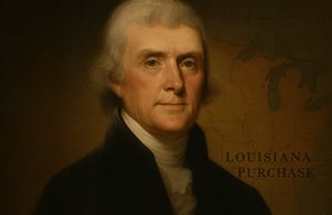 Ritratto di Thomas Jefferson con sfondo della Louisiana Purchase.